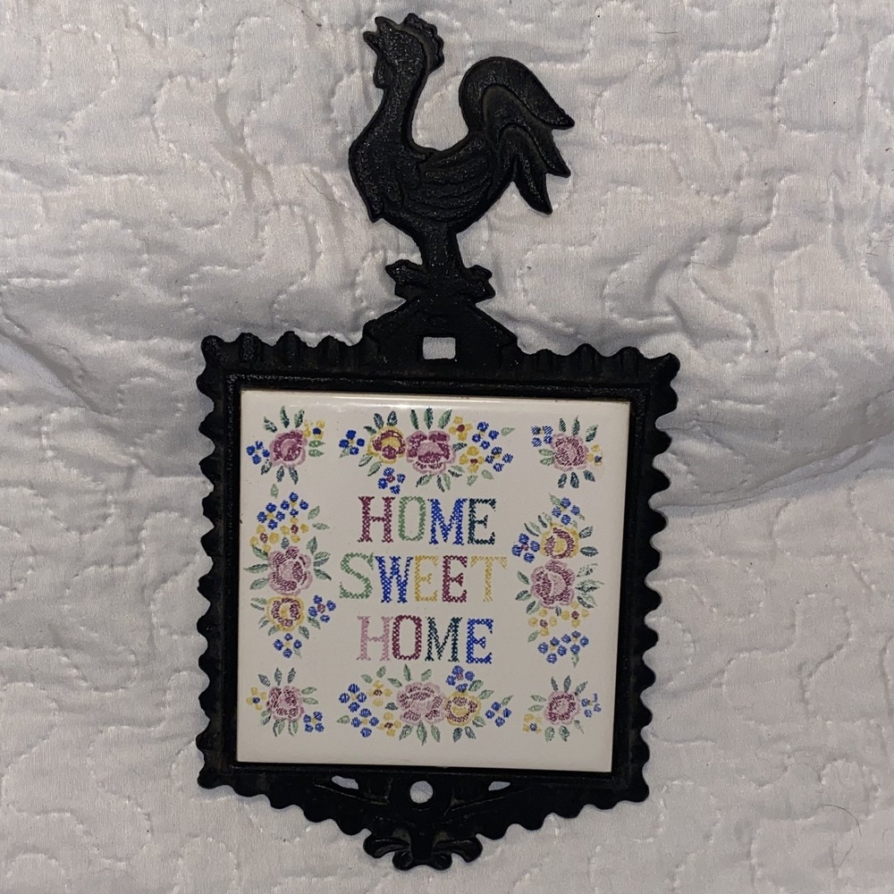 Trivet‎ Iron Tile Vintage Japan Enesco Home Sweet Home  Rooster Hot Cold